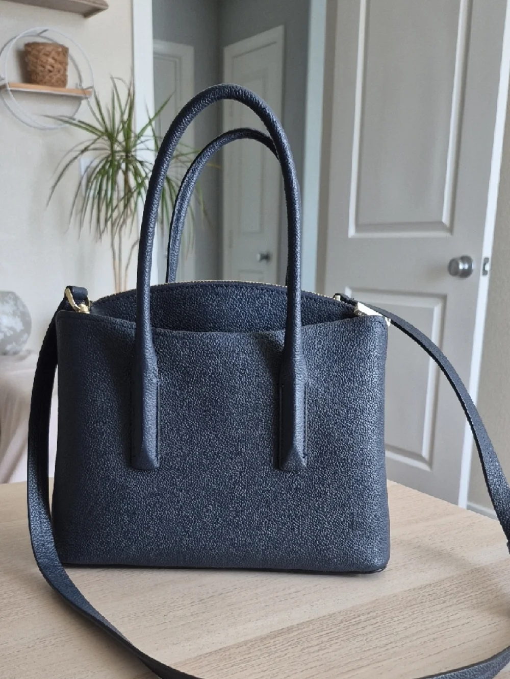 kate spade Medium Margaux Satchel navy pebbled leather satchel with gold accents - Picture 2 of 9
